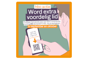 Thumbnail HBO-actie met de oproep “Word extra voordelig lid”. De afbeelding vermeldt 50% contributiekorting in het eerste jaar en €100 declareren bij de werkgever in september en oktober. Een persoon scant een QR-code naar bo.nl/lidworden.