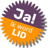 Ronde, stervormige badge met een paarse bovenkant en oranje onderkant. In grote witte letters staat bovenaan “Ja!” en daaronder “Ik word LID”. De badge heeft een speelse, opvallende uitstraling en is licht schuin gedraaid.