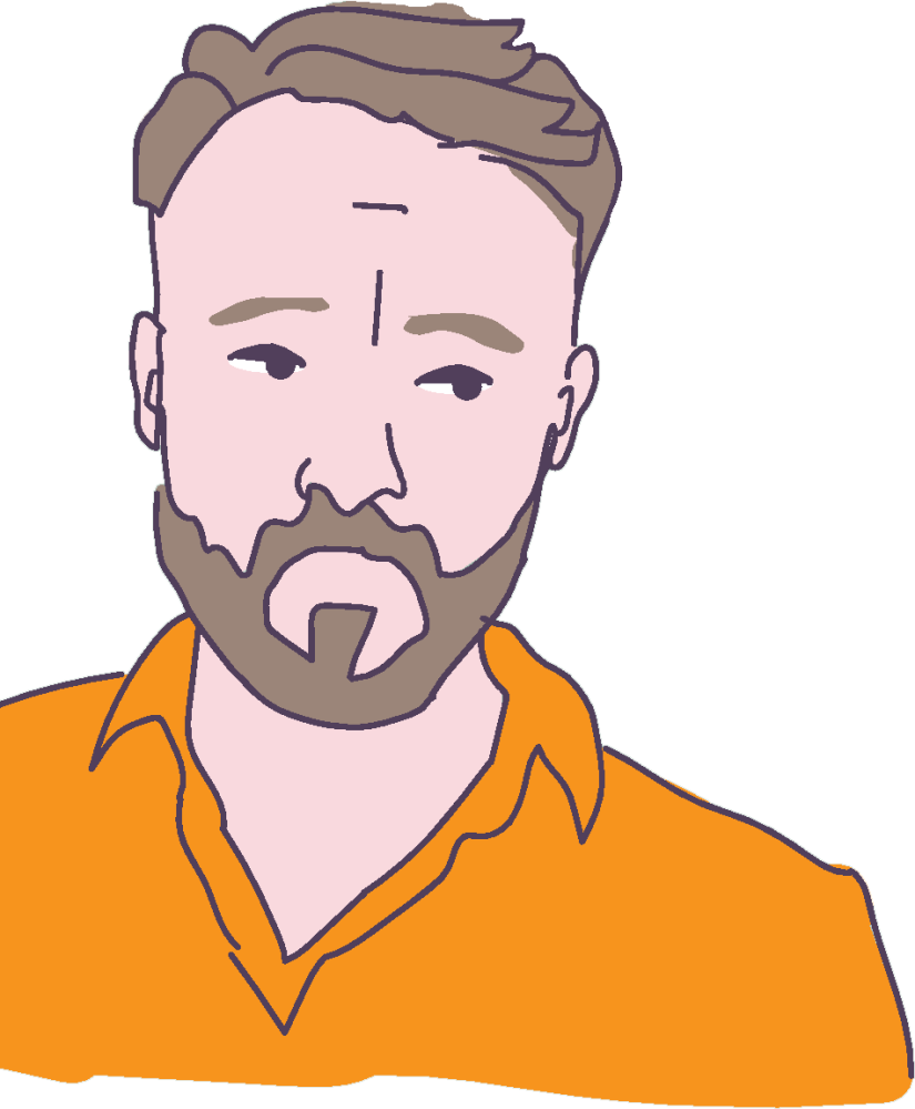 Lijntekening van een persoon van voren, met kort lichtbruin haar en een volle baard. De persoon draagt een oranje overhemd en kijkt licht opzij. De tekening is uitgevoerd in een eenvoudige, vlakke stijl met donkere contourlijnen.